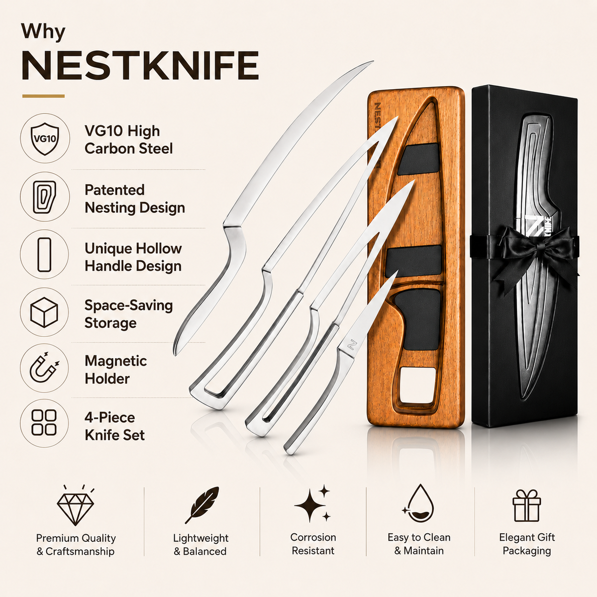 NestKnife Magnetic Knife Set | VG10 Steel & Space-Saving Nesting Design