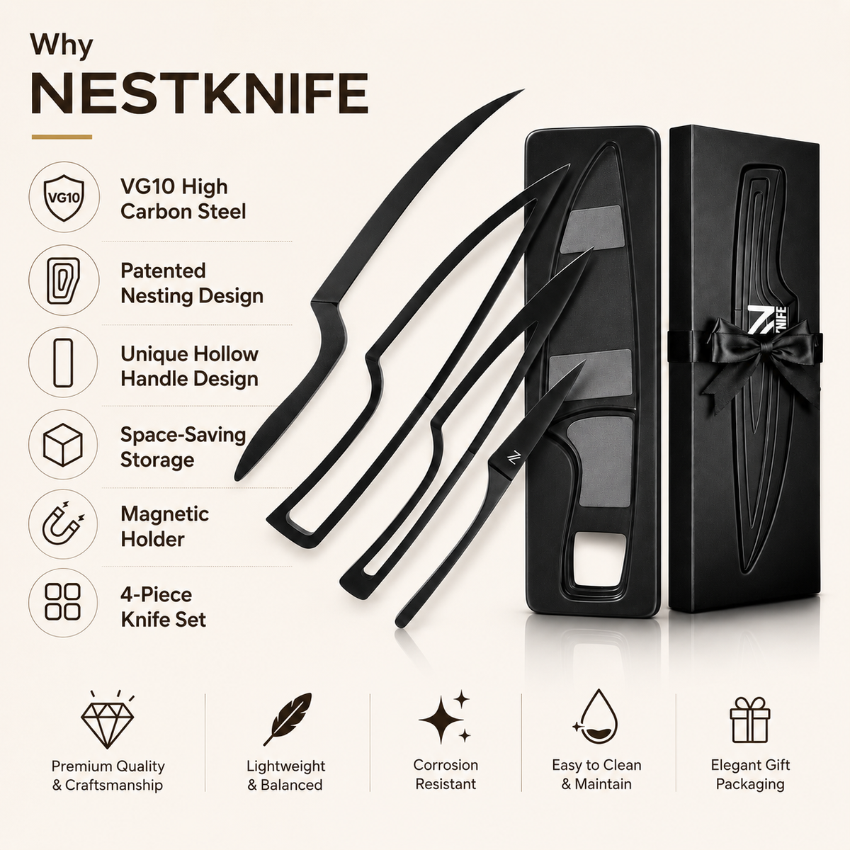 NestKnife Magnetic Knife Set | VG10 Steel & Space-Saving Nesting Design