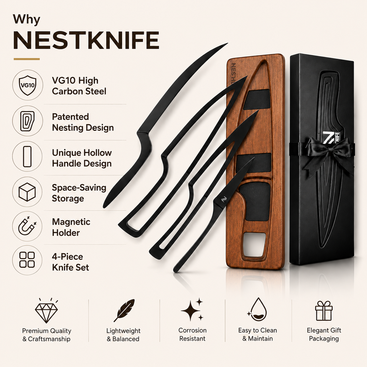 NestKnife Magnetic Knife Set | VG10 Steel & Space-Saving Nesting Design